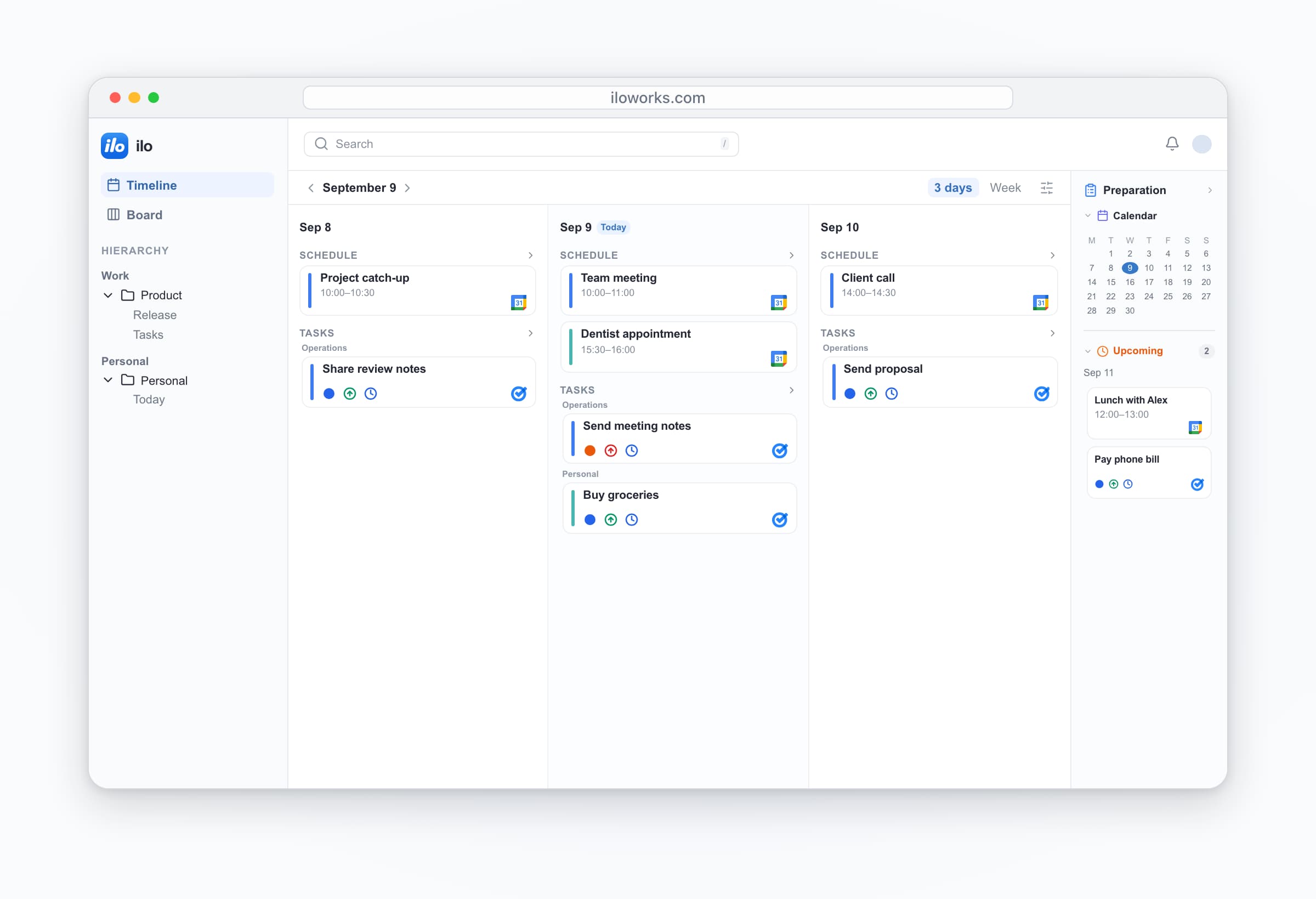 ilo desktop: work and personal accounts together — Team meeting, Dentist appointment, Send meeting notes, Buy groceries.